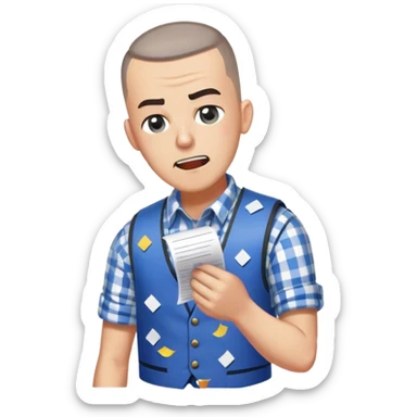 Gender: Male Hair: Salt-and-pepper buzzcut with cowlick Face: Twitching left eye, gritted teeth Clothes: Checkered blue vest over rolled-up sleeves Action: Kicking jammed printer spewing paper confetti sticker