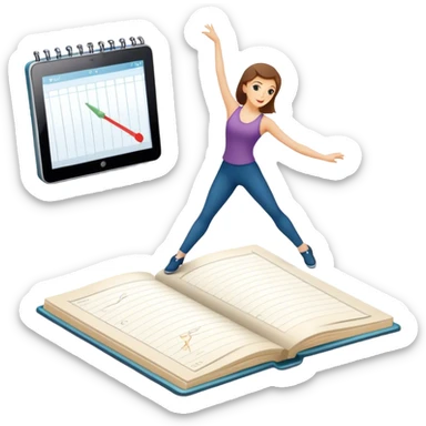 Icon for Choreography: a dance studio floor with a choreographer demonstrating movements, a dance notebook, and a metronome. The icon should capture the creative and structured process of choreographing dances. Transparent background. sticker