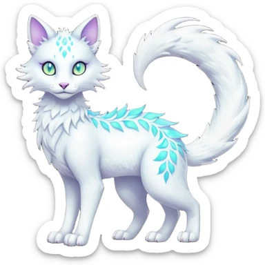 Kawaii white iridescent beautiful pretty elegant divine edgy fantasy feline-vernid-fionbri-sergal-fursona animal creature with a tufted tail full body with intricate markings  sticker