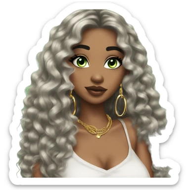 Glamorous, streetwear, black hair, long curled hair, olive skin, green almond eyes, winged eyeliner with big lashes, wearing hooped earrings, rings and bracelets, almond fake nails sticker