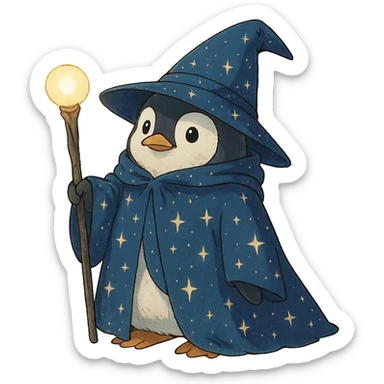 ghibli style penguin wizard with a starry cloak and glowing staff sticker