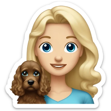Old blue eyed blonde lady with long straight hair with dark brown Cockapoo puppy dog sticker