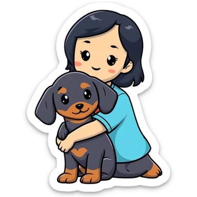 black hair asian girl hugging black dachshund sticker