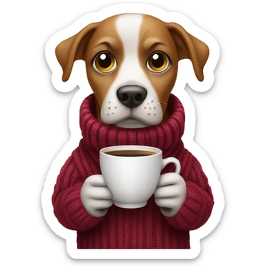 Dog with a cup of coffee wearing a sweater sticker