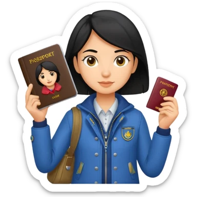 black haired Traveler character with passport sticker