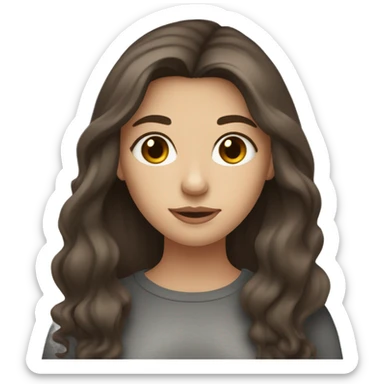 A girl with brown hair with dark gray highlights, fair skin, long, soft, beautiful hair, soft lips, brown eyes, drinking coffee, and a small nose. sticker