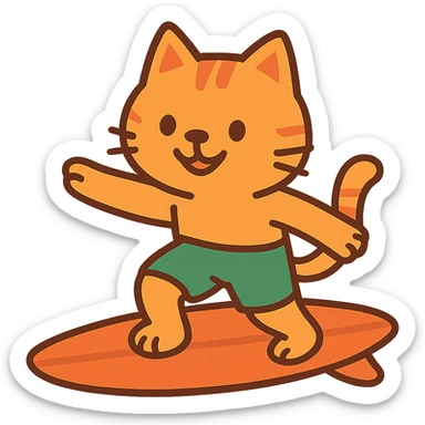flat toon style orange cat with green shorts surfing sticker
