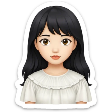 a southeast asian fair skinned girl with slightly wavy long layered black hair with curtain bangs wearing white top sticker