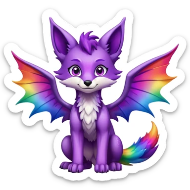 Cartoon Fox dragon hybrid purple eyes with wings face front full body dark rainbow colored sticker