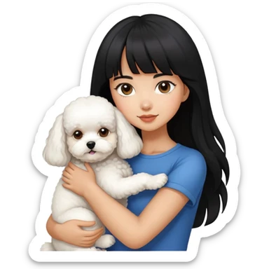 A beautiful girl with long black hair and bangs hugs a super small Bichon Frise dog sticker