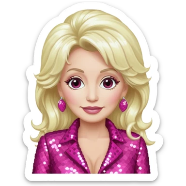 Dolly Parton with long platinum blonde hair, dark pink sequin outfit sticker
