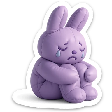 lilac bunny hugging knees while crying, soft emotional expression, cushion style sticker