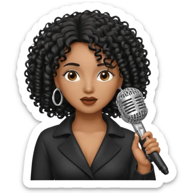 brown skin woman, curly black hair, singer, hold micro sticker