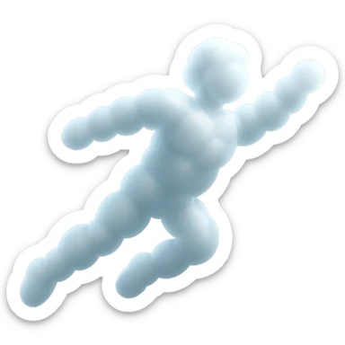 a person flying, entirely made of small, very bright white fluffy convex clouds, minimalism, airiness, glowing effect sticker