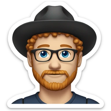 35 years old, male, short curly red hair, glasses, black hat, blue eyes, pale complexion, beard and mustache sticker