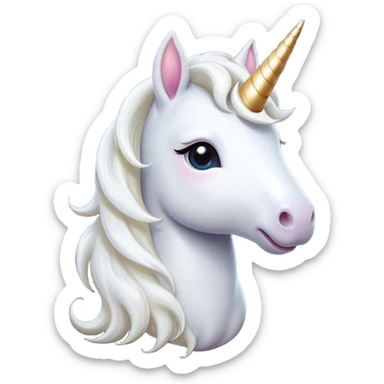 Cinematic Cute White Unicorn Portrait Emoji, Head tilted playfully and inquisitively, featuring a charming, petite form with a silky white color, a delicately flowing mane and tail, and a tiny, sparkling horn, with large, dreamy eyes full of wonder, Simplified yet irresistibly adorable features, highly detailed, glowing with a warm, enchanting glow, high shine, affectionate and lively, stylized with a touch of fairy-tale whimsy, soft glowing outline, capturing the essence of a mischievous yet endearing white unicorn that seems as if it could gallop out of the screen into your heart! sticker