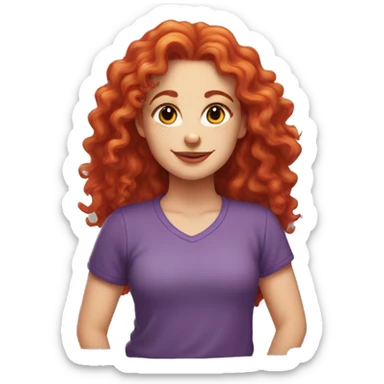 white girl with long red curly hair, wearing a rainbow cat shirt doing a pose sticker