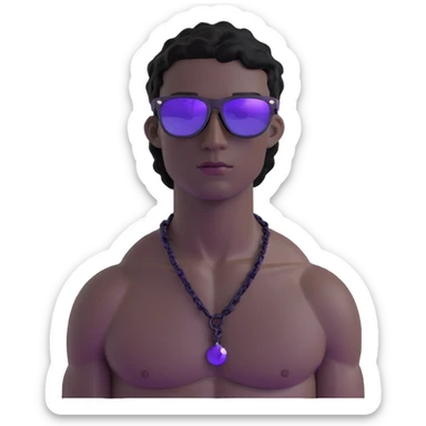 shirtless male athlete with white skin and moderately curly black hair on top with shaved sides, wearing purple sunglasses with very dark heavily tinted black lenses, and a simple plain black chain necklace with absolutely no pendant or decoration sticker