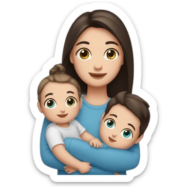 Cute girl with straight dark hair and blue eyes hold two boy babies sticker