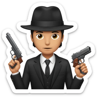 Underboss, black suit, fedora, gun sticker