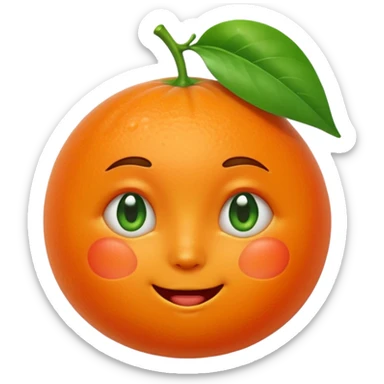 warm emotional tangerine emoji with teary eyes, gentle smile, blushing cheeks, green leaf on head sticker