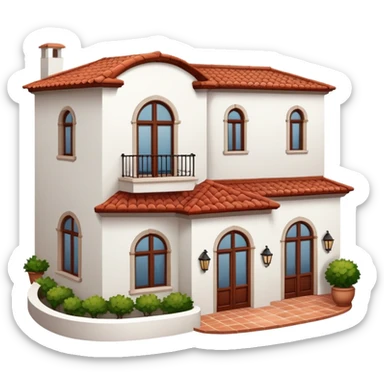 White stucco Spanish villa with red clay tile roof, arched windows, and small balcony sticker