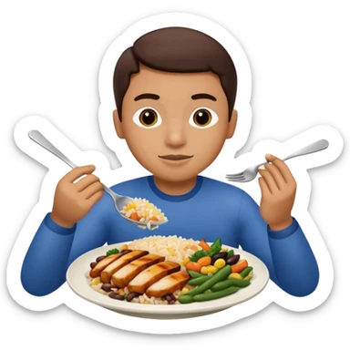 Create a person having lunch. Not a sandwich. Rice, beans, vegetables and chicken. sticker