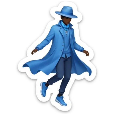 Male silhouette composed of blue ethereal flowing energy with minimal floating wardrobe pieces like hat, jacket and shoes orbiting around it, no facial features sticker