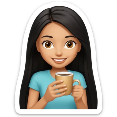 a pretty tan bratz girl with black long straight hair smiling and drinking coffee sticker