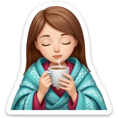 brown-haired white girl inside a blanket sipping coffee eyes closed sticker