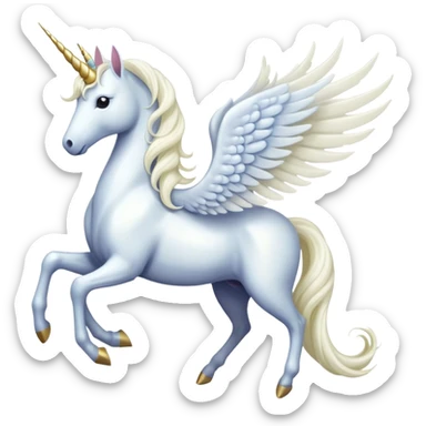 All white Cinematic Noble Unicorn with wings, slender with a flowing mane and tail and spiraled horn sticker