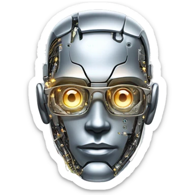 Male cyborg head with metallic plated face, flat top, glasses and circuits sticker