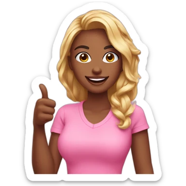 influencer promoting a pink product in her arms and thumb up sticker