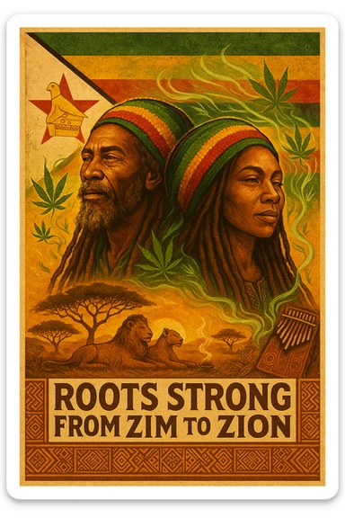 Design a powerful digital illustration in vintage poster style featuring a proud Zimbabwean Rasta man and woman with long dreadlocks and a knitted red, gold, and green tam. The background should blend the iconic Zimbabwe flag with textured detail — the red star, bird emblem, and bold stripes clearly visible but stylized with artistic flair. Add rich African earth tones, golden sunlight, and natural scenery like acacia trees, lions, or smoke from a healing herb circle. The Rasta should have a wise, peaceful expression — eyes full of ancient memory and inner fire. Incorporate ganja leaves subtly in the design, maybe flowing with the wind or circling the character like aura energy. Accent with traditional Shona patterns or mbira (thumb piano) motifs. Let the message reflect strength, unity, and ancestral healing. Optional text: “Roots Strong from Zim to Zion” or “Mash up Babylon from Harare to di hills.” sticker