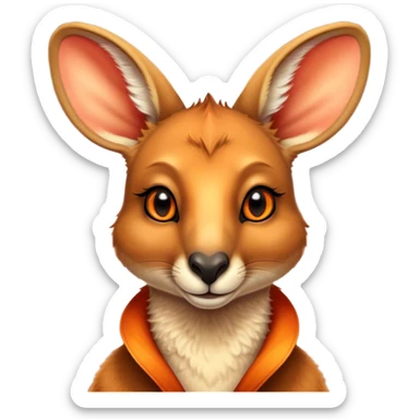 Cinematic Noble Kangaroo Portrait Emoji, Poised and regal, with a powerful, muscular build and a sleek, well-groomed fur of warm red-orange hues, deep-set soulful amber eyes and a strong tail, Simplified yet sharp and sophisticated features, highly detailed, glowing with a warm, dignified glow, high shine, intelligent and athletic, stylized with an air of outback majesty, focused and attentive, soft glowing outline, capturing the essence of a watchful and confident marsupial, so majestic it feels as though it could bound out of the screen with effortless authority! sticker