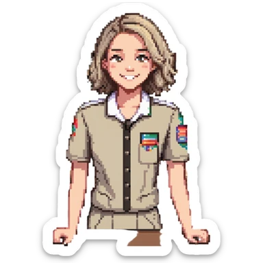 Gender-neutral cashier with shoulder-length hair, standing behind a cashier desk, smiling, wearing a neutral-colored uniform sticker