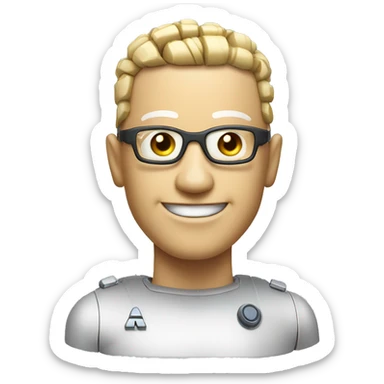 Cyborg head with fair skin, flat top haircut, rectangular glasses, circuits and smiling  sticker