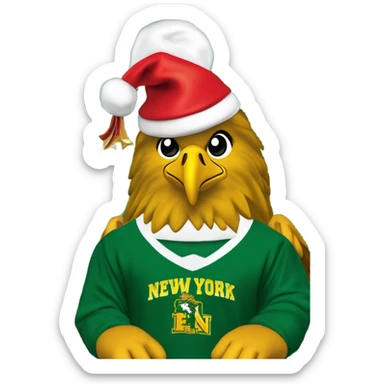 the state university of new york college at brockport's mascot Ellsworth the golden eagle, green beak, green jersey, yellow lettering with "brockport" written on front, in front of a christmas tree, wearing a santa hat sticker