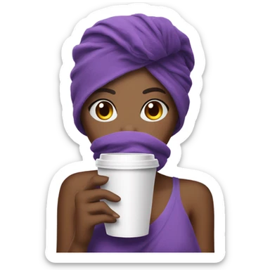 beautiful girl with a purple towel on her head drinks coffee sticker