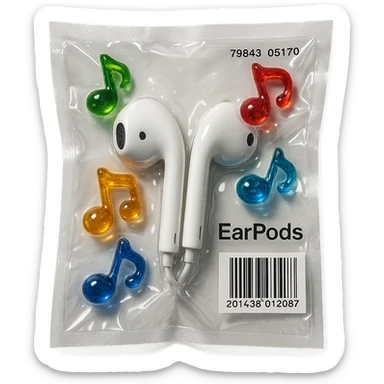 white EarPods headphones surrounded by small colorful glass music notes, glossy and puffy sticker