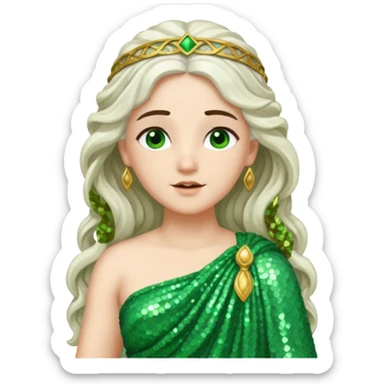 Juno, Goddess of Marriage from Roman Deities with long white brunette wavy hair, green sequin toga sticker