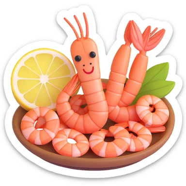 cooked shrimp, with lemon slice, 3D emoji style sticker