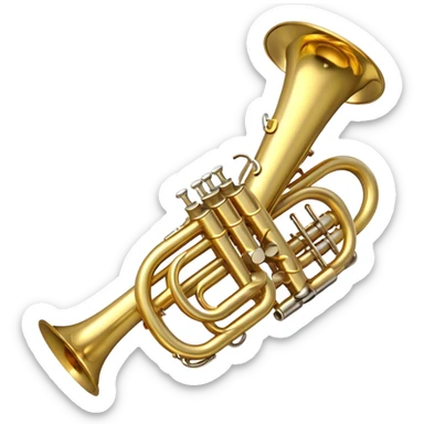 Create a professional and polished emoji representing the Brahner trumpet. The design should showcase the shiny brass body of the trumpet, with its distinct valves and bell. Highlight the smooth curves of the tubing and the elegant flared bell at the end. The valves should be visible with their metal buttons, and the mouthpiece should be positioned at the top of the instrument. Use bright gold and brass tones with reflective light effects to emphasize the trumpet’s polished, high-quality finish. Add subtle musical notes around the trumpet to evoke its bright, bold sound. The background should be transparent. sticker