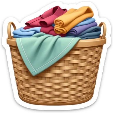 A laundry basket filled with clothes, some neatly folded and others piled up. The basket is made of plastic or woven material, with handles on the sides sticker