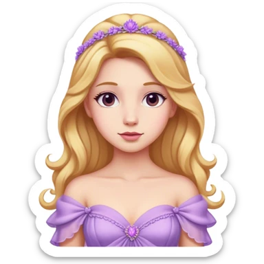 Cinematic Realistic Rapunzel Portrait, with porcelain-like skin featuring a subtle, natural glow, illuminated by soft lighting that brings out the gentle contours of her face. Her long, golden blonde hair cascades in detailed waves, each strand highlighted with a radiant shimmer as it catches the light. She playfully holds a flower in one hand, her other hand resting casually in her lap, with a warm and spirited expression. Her bright, expressive green eyes exude curiosity and warmth, framed by delicate lashes and soft, arched brows. She is dressed in her classic lavender and pink gown, the fabric textured with delicate folds that flow naturally, catching the light with a soft, radiant glow. The portrait captures a luminous, enchanting aura, seamlessly blending realism with a whimsical, fairytale charm, evoking a timeless sense of beauty and magic. sticker