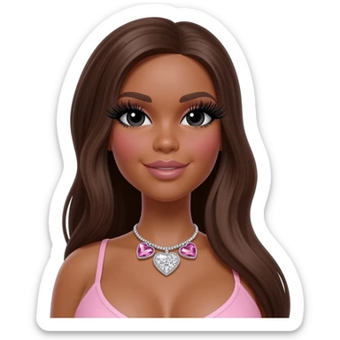Long giant lashes, Doll faced shaped, heart swarvorski necklace, bimbo, black doll eyes, barbie, dark brown skin with long dark brown hair, light pink, big breast sticker