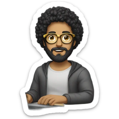 men with black curly hair and beard and golden glasses work hard on computer sticker
