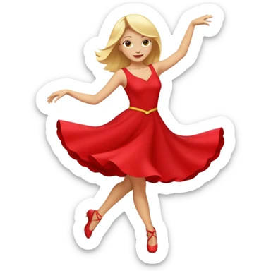 a yellow-blonde woman dancing wearing a red dress, in flat emoji / Apple style, smooth shapes, glossy highlights, bright saturated colors, simple features, minimal details, no outlines, red clothes flowing, joyful pose
 sticker