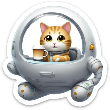 Cute hovercat in a space ship in space with coffee cup on it's hand sticker
