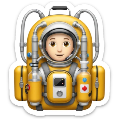 astronaut life support backpack with oxygen tanks and tubes, metallic silver equipment emoji style sticker